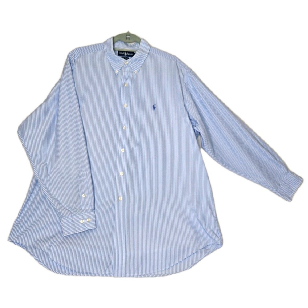Ralph Lauren Men's Yarmouth 100% Cotton Blue Stripe Shirt, Size 17.5 - 34/35